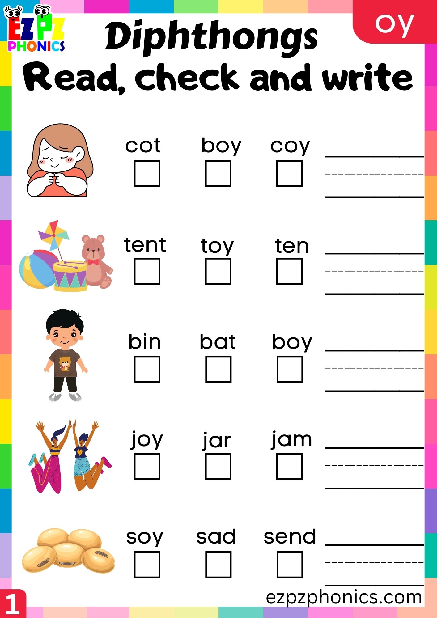 oy Diphthong Read Check and Write Worksheet PDF Download
